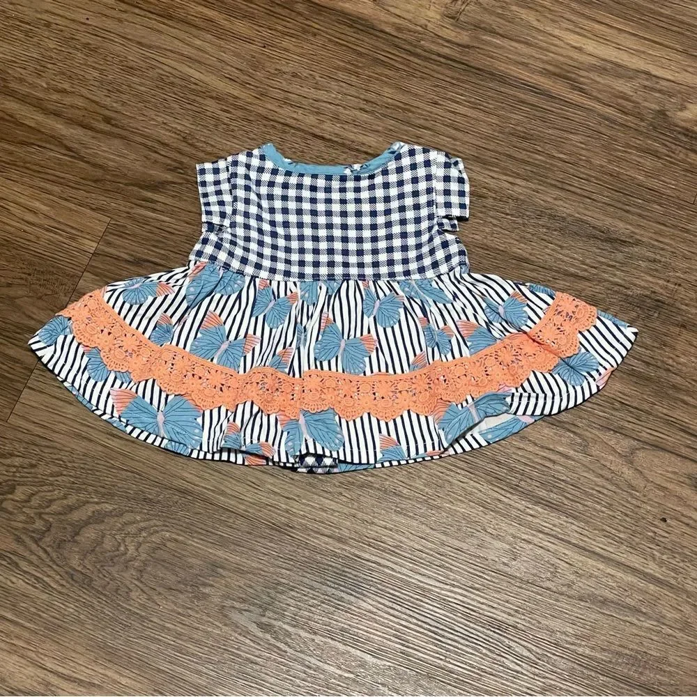 Wildflower Checkered and Striped Tunic Top or Dress Blue White Peach Sz 6 Months